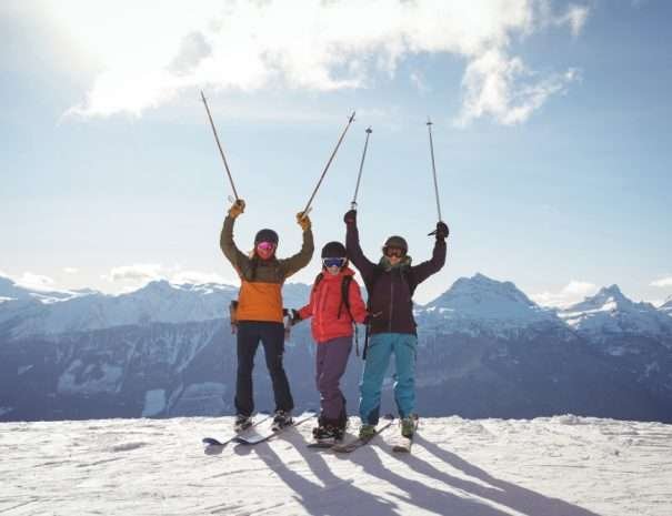 celebrating-skiers-standing-snow-covered-mountain